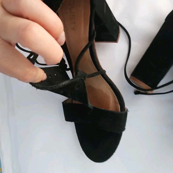 Anthropologie Howsty Mimosa Lasercut Suede Heels39 Black All Leather Wrap Ankle - Picture 4 of 10